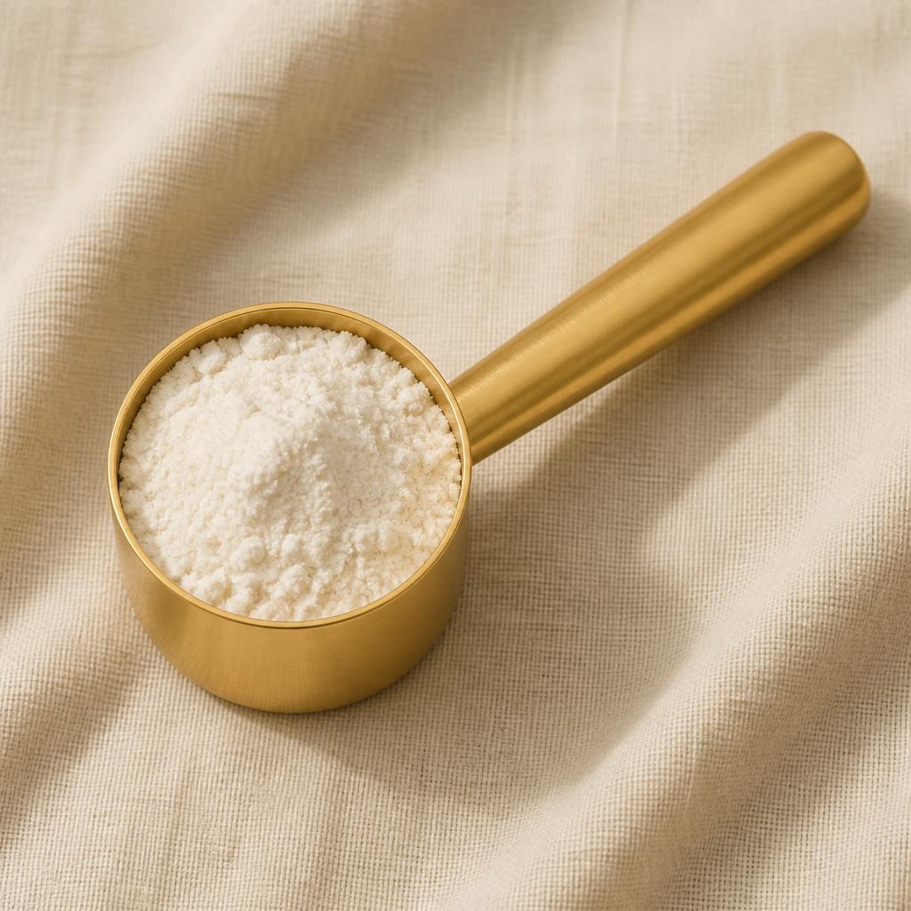 A gold measuring scoop of Bettr Morning powder on cream linen