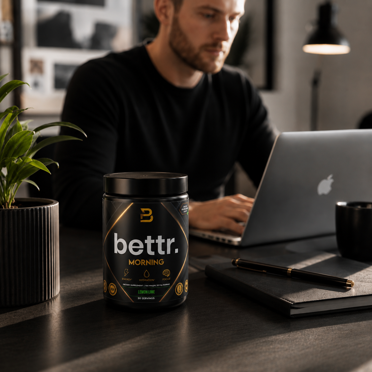 Bettr Morning Lemon Lime tub on a desk workspace