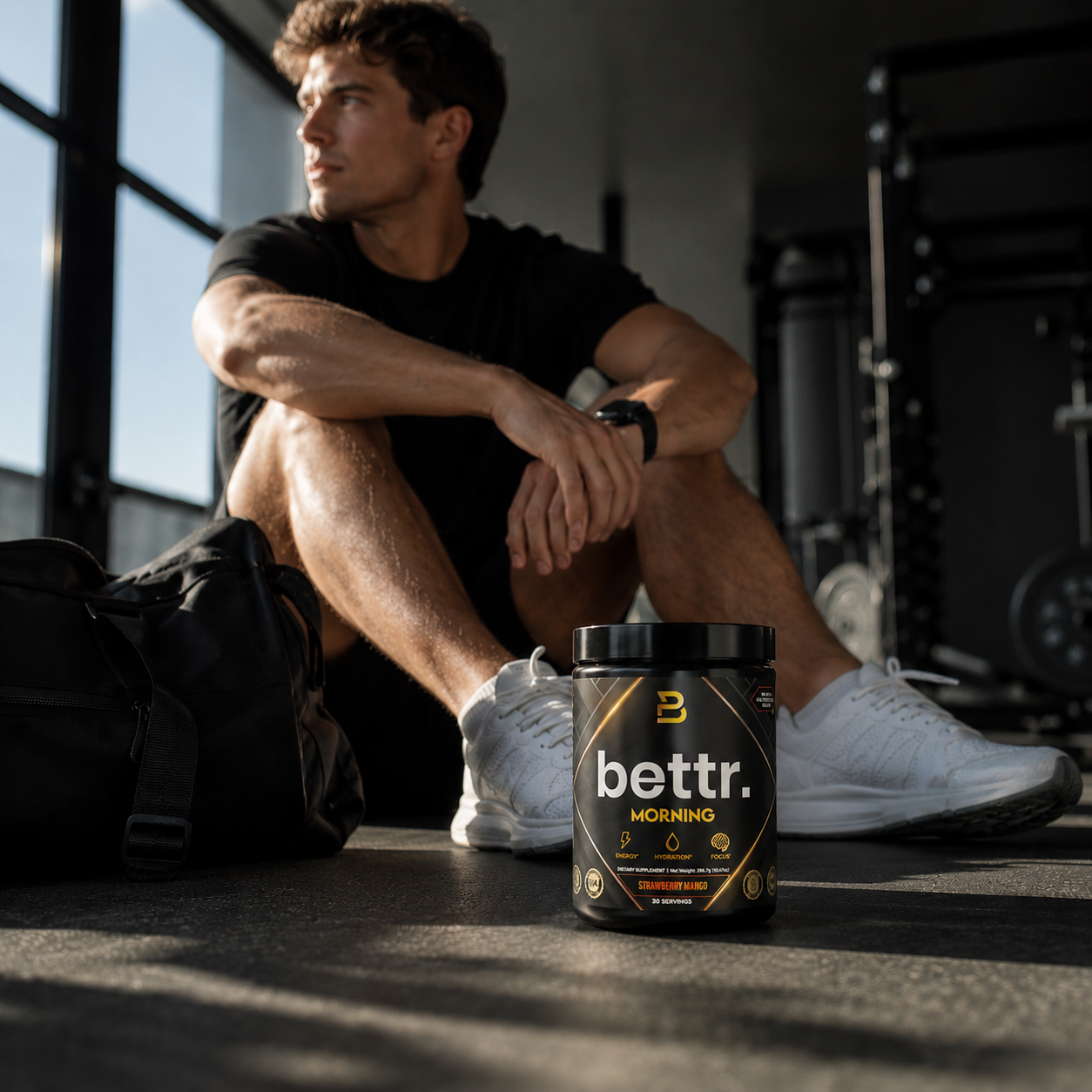 Bettr Morning Strawberry Mango tub in a gym setting
