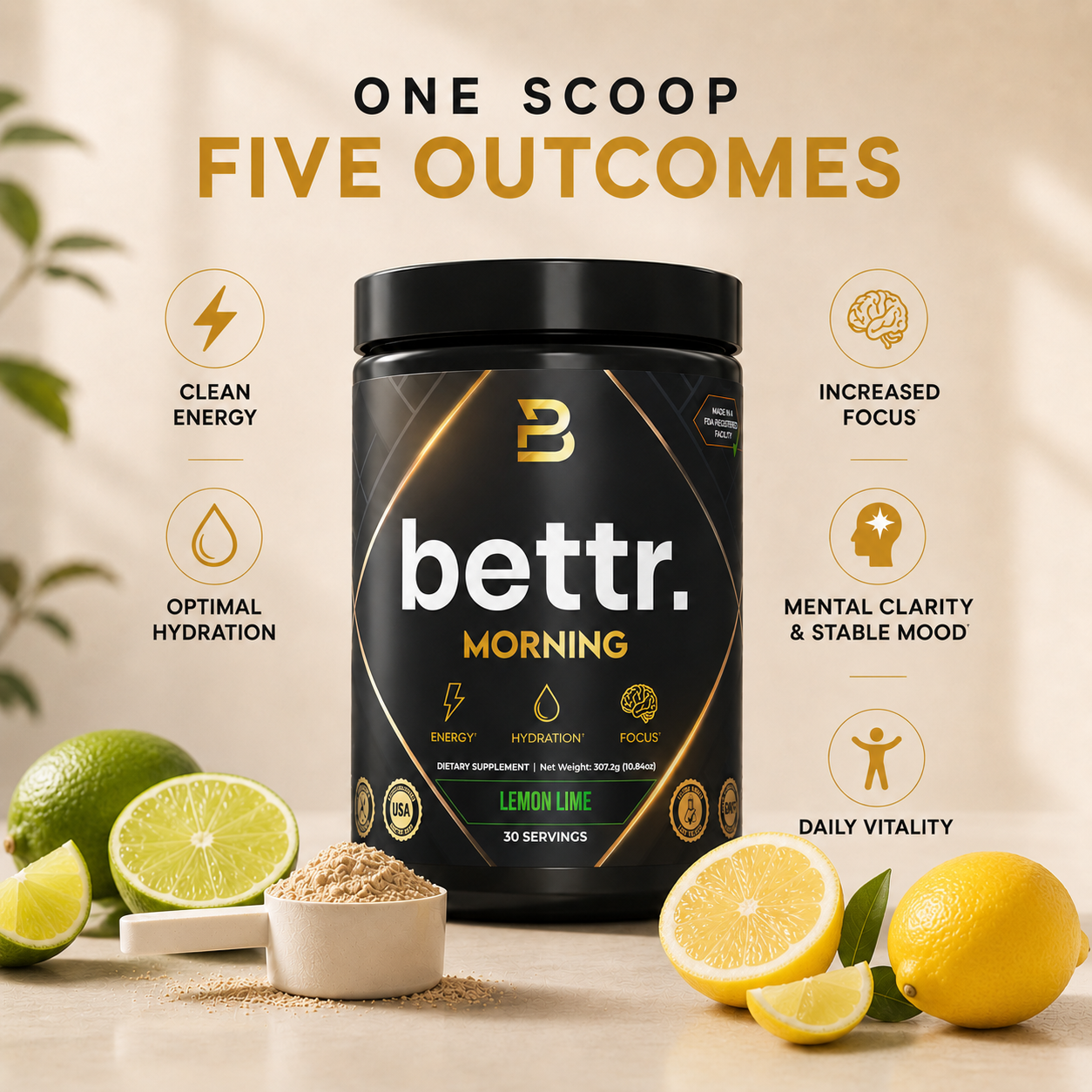 Bettr Morning One Scoop Five Outcomes Lemon Lime tub