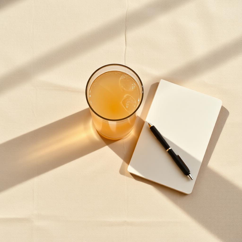 Finished glass of Bettr Morning on a sunlit desk beside a notebook
